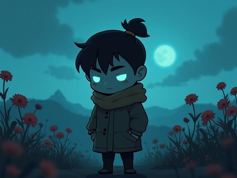 photograph, best quality, hip level shot of a slight Hong Konger Male Shadow , he is very Chibi and Desolate