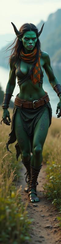 photograph, stylized, shoulder level shot of a very tall, long legs Catalan Female Orc of Luna Opera Singer