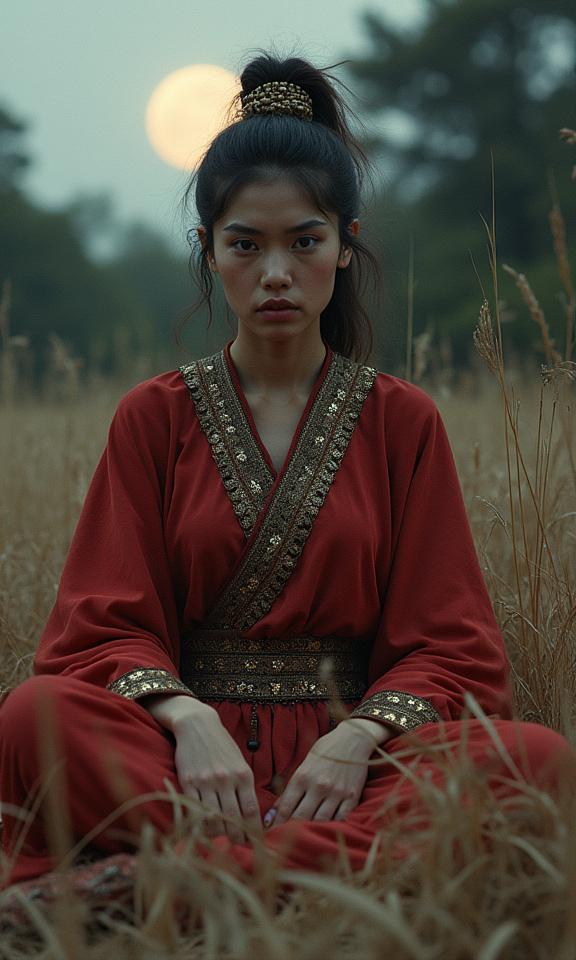 photograph, surreal, establishing shot of a Award Winning Luminous muscular Tibetan Female Ifrit , she is sitting in a Dried Floor cushion