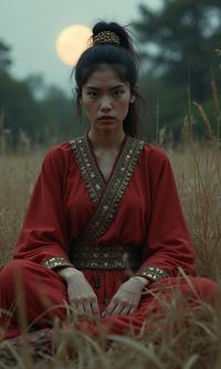 photograph, surreal, establishing shot of a Award Winning Luminous muscular Tibetan Female Ifrit , she is sitting in a Dried Floor cushion