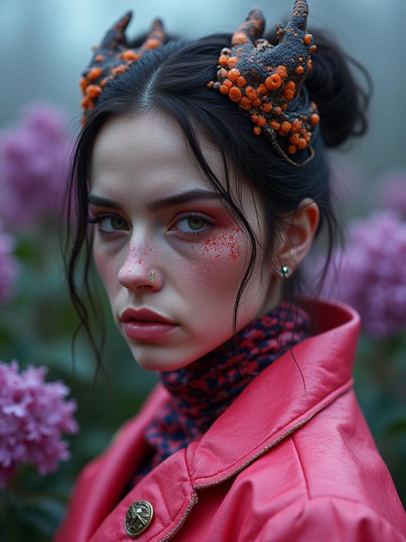 photograph, electric orange and Black details, birds eye view shot of a buxom Slovak Female Dragonborn , the Girl is very Expressive and Biochemical