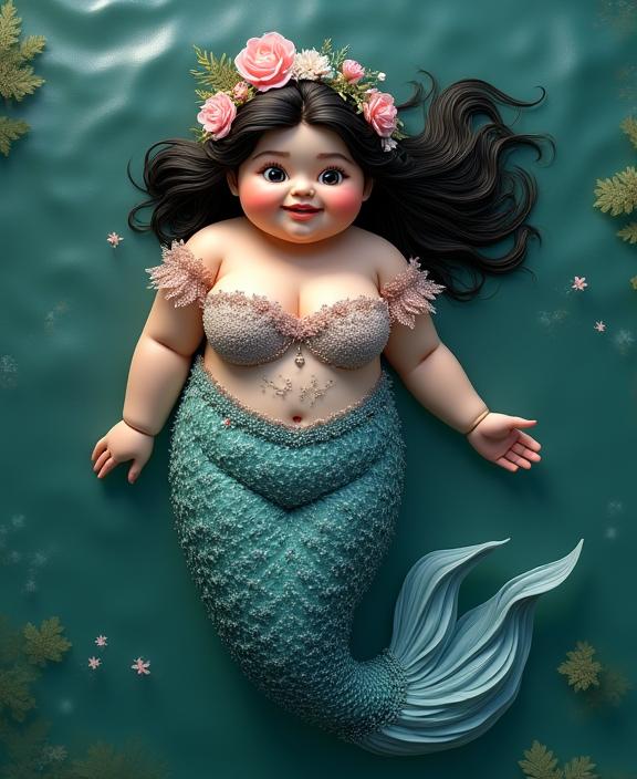 photograph, stylized, top down view of a chubby Persian Female Mermaid , the Female is very Deep rooted and Enchanted
