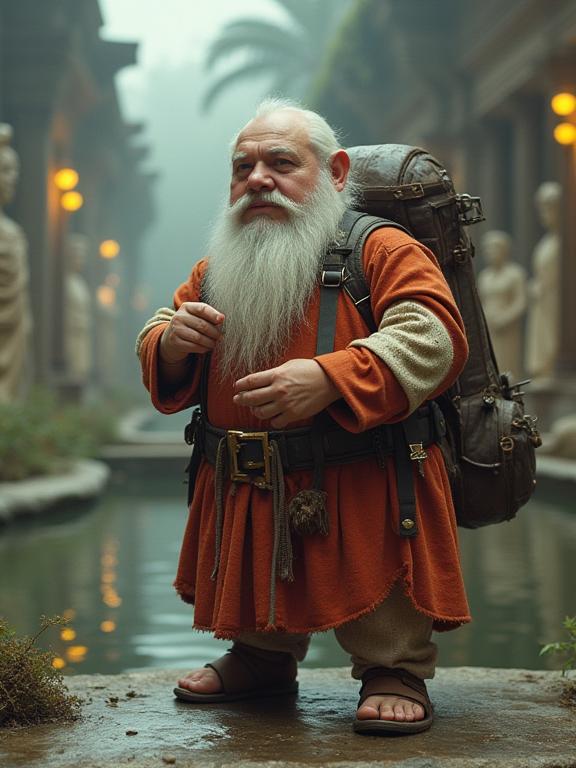 stylized by David Cronenberg , photograph, fairy tale, establishing shot of a plump Amish Male Dwarf