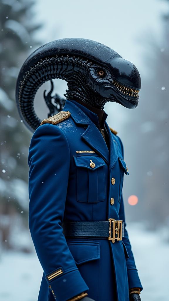 photograph, adorable, side view shot of a Sovereign Bright buff Nigerian Male Xenomorph , he is from the Romantic Era