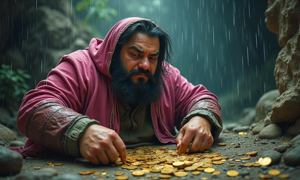 photograph, highly color focused, extreme wide shot of a morbidly obese Syrian Male Faerie , he is Collecting coins