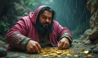 photograph, highly color focused, extreme wide shot of a morbidly obese Syrian Male Faerie , he is Collecting coins
