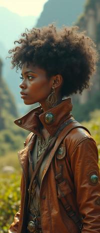 stylized by Emil Ferris and Q Hayashida , photograph, hyper detailed, profile of a Welcoming Unique slim Mexican Female Time Lord