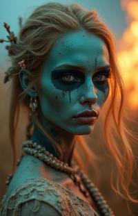 photograph, concept art, extreme close up shot of a stout Ugandan Female Banshee , the Banshee is Attending movies