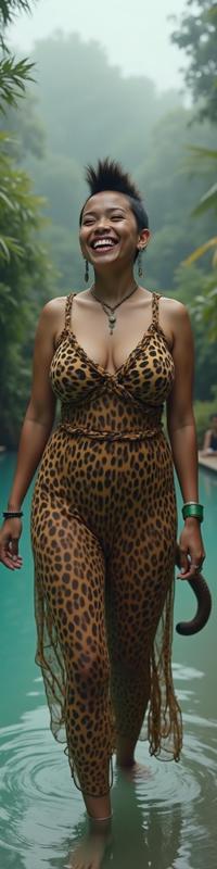photograph, behance, wide shot of a dressed in a very Flimsy cheetah print Contemporary Plants Ruffle top, overweight Ecuadorian Female Will o the wisp Viking Warrior