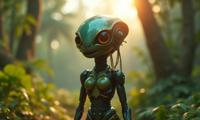 Robot , photograph, concept art, birds eye view shot of a slight Macanese Female Xenomorph Florist