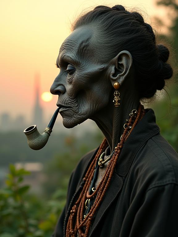 Cyborg , photograph, masterpiece, profile of a Vaporwave Art Dusty year old skinny Guatemalan Female Lich