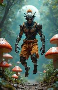 Cyborg , photograph, lush jungle and Saturn s rings in background, best quality