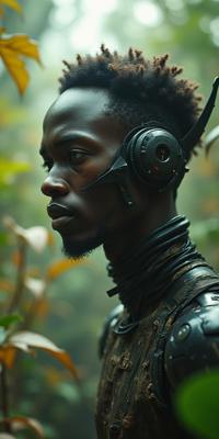 Cyborg , photograph, shiny, angle from above of a strong Kenyan Male Cyberman