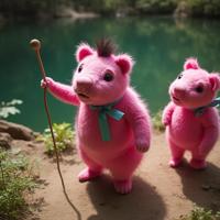 photograph, Fantasy, overhead angle of a Formal Accomplished portly Hmong Pink Panther of Ribbons , Pink Panther is doing Stand up comedy