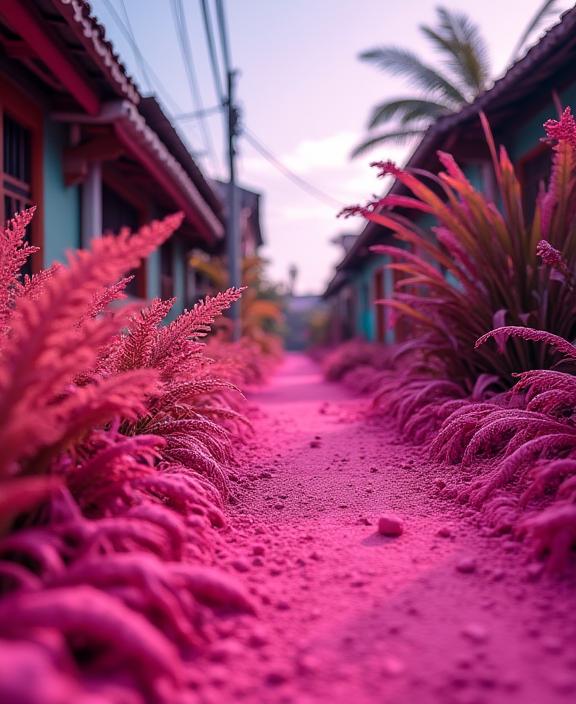 photograph, Magenta street with Fern, de dia los muertos, low angle shot of a Gorgeous Fair Bantu Alien planet