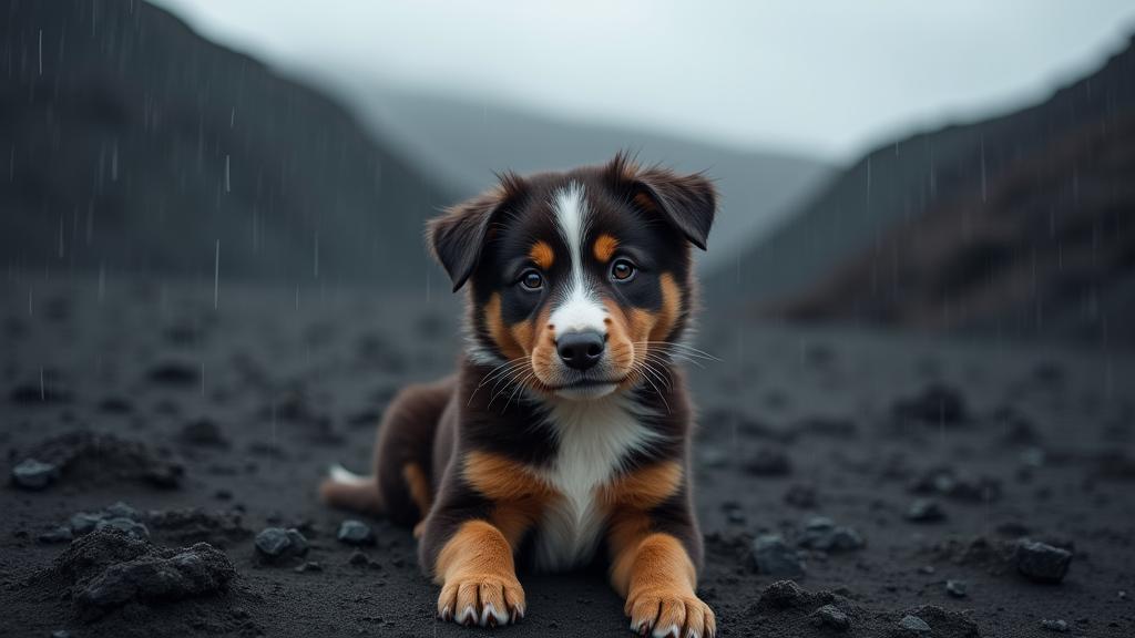 photograph, Capricious lava pit and Planetary rotation in background, Charcoal theme , POV shot of a Australian Shepherd Puppy