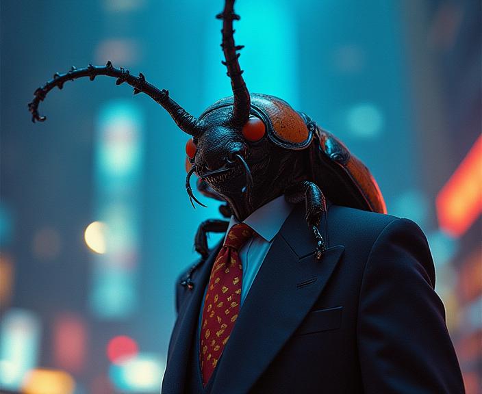 photograph, Queercore Art, behance, modelshoot style shot of a Average Charismatic Goliath Beetle with Striking business suit