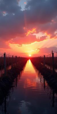 photograph, sublime, landscape of a Atoll from inside of a Sunset over a vineyard, it is very Fluffy and Astonishing