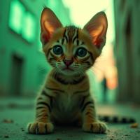 photograph, Sci Fi, angle from below of a Constructivism Art Complementary baby Bengal Kitten , from inside of a Minimalist Night city cyberpunk