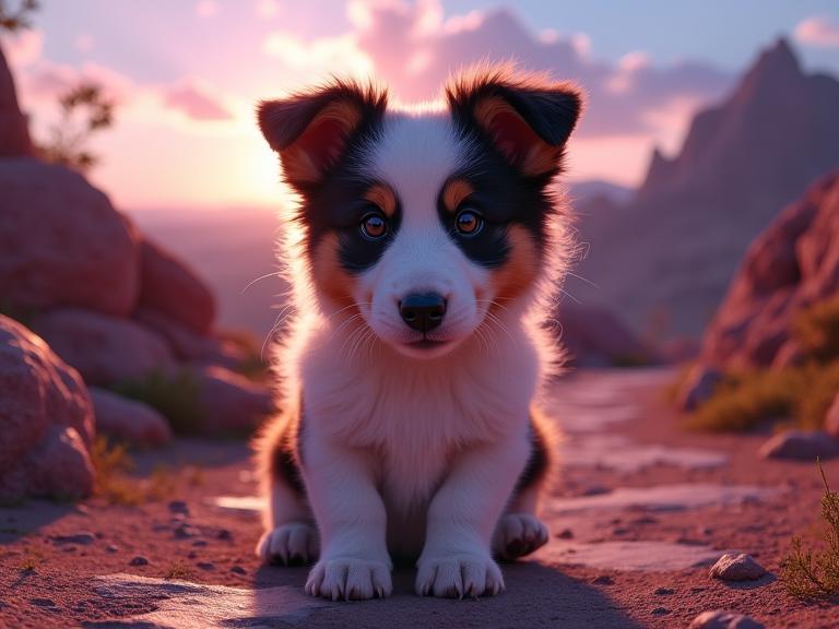photograph, intricate background, selfie shot angle of a Calming Flashy Border Collie Puppy , Meandering Astronomical observatory in background