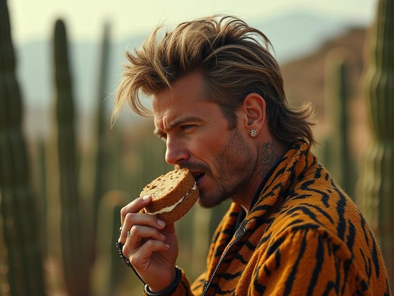 photograph, insane details, shot from side of a Collectable Appealing skinny Tunisian Jon Bon Jovi , he is eating christmas cake