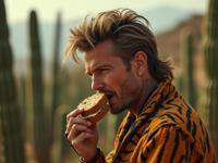 photograph, insane details, shot from side of a Collectable Appealing skinny Tunisian Jon Bon Jovi , he is eating christmas cake