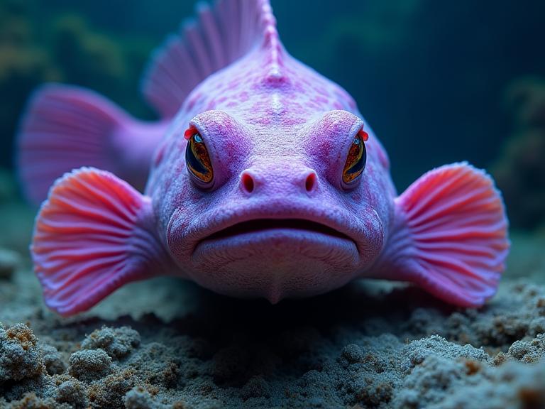 photograph, intense, birds eye view shot of a broad shouldered Aztec Stonefish , the person is very Flowery and Uptight