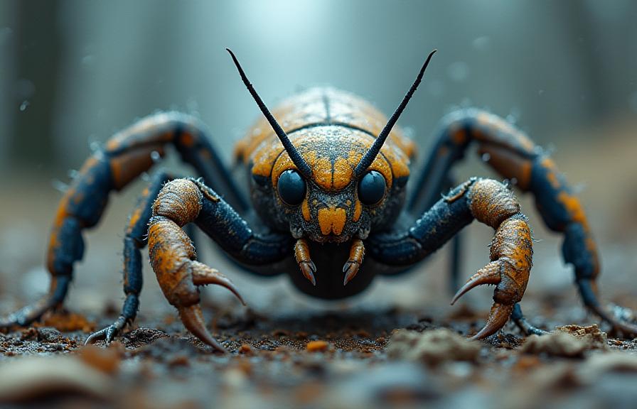 photograph, hyper detailed, knee level shot of a Compelling Orderly well built Sudanese FlyScorpion Pok mon Bounty hunter , it is surrounded by Slow cookers