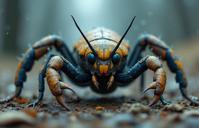 photograph, hyper detailed, knee level shot of a Compelling Orderly well built Sudanese FlyScorpion Pok mon Bounty hunter , it is surrounded by Slow cookers