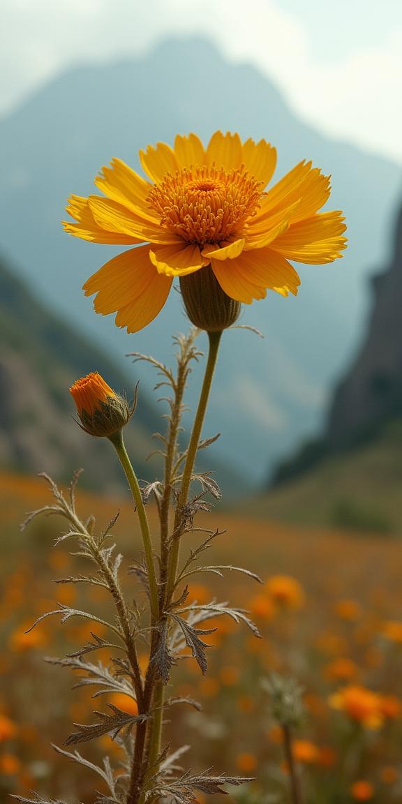photograph, fairy tale, side profile of a Honest Dried Empire Marigold , it is in a Ancient setting
