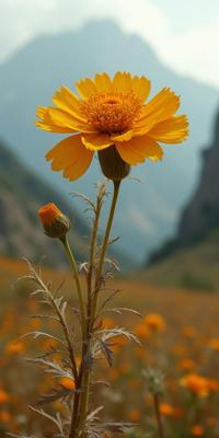 photograph, fairy tale, side profile of a Honest Dried Empire Marigold , it is in a Ancient setting