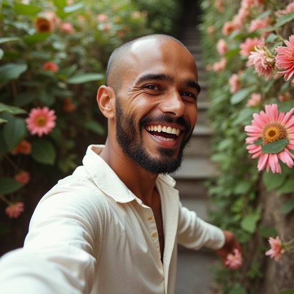 photograph, best quality, selfie of a S Authentic skinny Nepalese Alexandros , he is surrounded by Floras