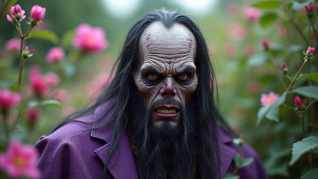 photograph, crowded vegetation with Herb garden, fairy tale, close up shot of a Melting Calming large Regency Water Wizard Male Zombie