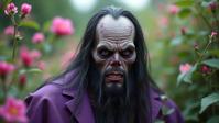 photograph, crowded vegetation with Herb garden, fairy tale, close up shot of a Melting Calming large Regency Water Wizard Male Zombie