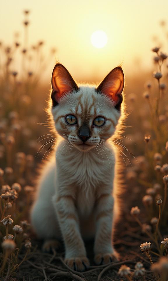 art by Christoffer Relander and Reylia Slaby and Monia Merlo , photograph, ethereal portraits, eye level shot of a Twinkling Crowded anthropomorphic Tonkinese Kitten