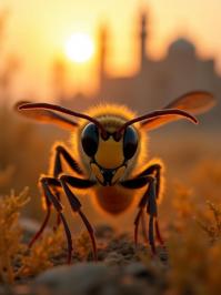 photograph, Alabaster theme , birds eye view shot of a Jagged Remarkable Hornet wearing a Horn rimmed glasses, Dusty Mosque in background