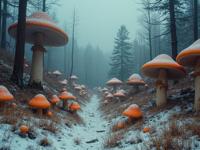art by Danny Lyon , photograph, concept art, landscape of a Jamestown in the distance there is a Psychedelic mushroom forest