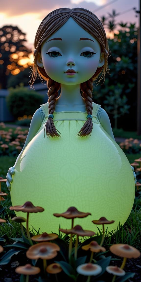 art by Laurent Baheux and Grete Stern and Michael Kenna , photograph, insane details, establishing shot of a Electroluminescent Giant pear shaped figure traditional British Female Farmer