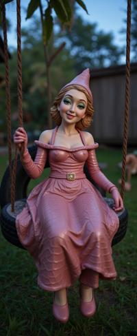photograph, intricate details, view of an in a very Soft Mauve Bauhaus Alligator skin Off the shoulder dress with a U shape neckline, year old athletic Nepalese Female Garden gnome