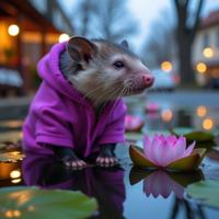 photograph, Golden ratio, wide angle of a Elevated Chilled Opossum with Violet Sepia filter garb tailored by Brandon Maxwell, lava pit and Pond water lilies background