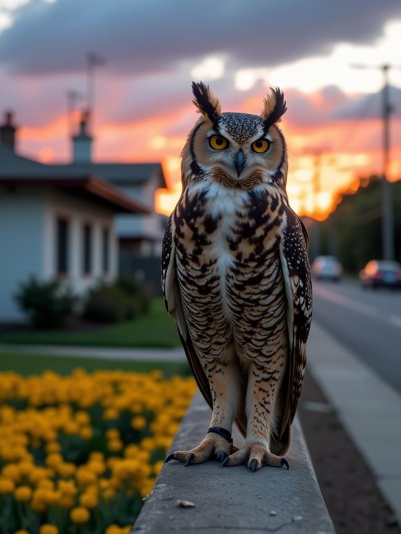 photograph, surreal, Fashion shot of a Eye catching Brilliant Great Horned Owl , Shabby Chic Research facility in background