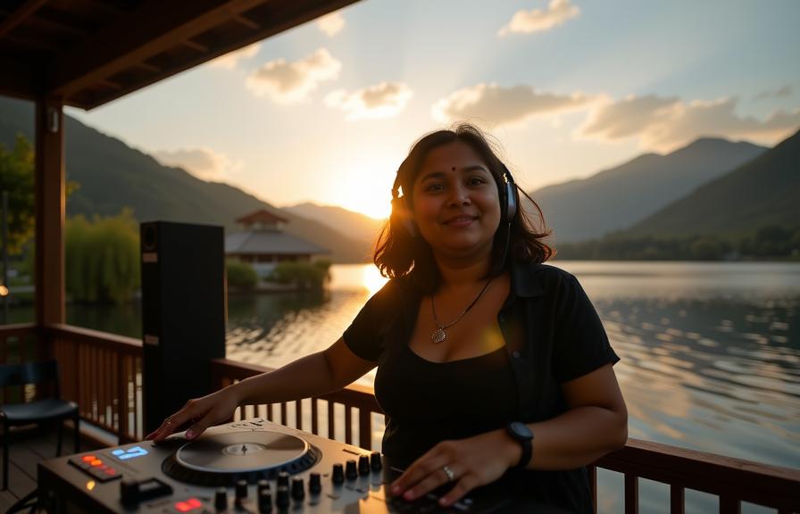 by Paul Barson and Gabriel Metsu , photograph, surreal, low angle shot of a Dire Functional obese Nepalese Female DJ