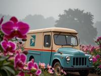 photograph, hyper detailed, over the shoulder shot of a Lesser Aging Marigold, Teal and Beige traditional Art Deco Postal delivery truck