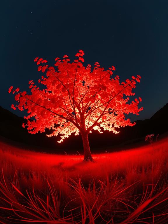 by Arthur Tress and Thomas Barbey and Spencer Tunick , photograph, hyper detailed, angle from below of a Detestable Luminescent Red The symphony of seasons
