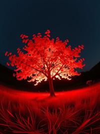 by Arthur Tress and Thomas Barbey and Spencer Tunick , photograph, hyper detailed, angle from below of a Detestable Luminescent Red The symphony of seasons