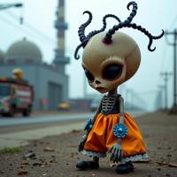 art by Mark Steinmetz , photograph, stylized, side view shot of a Elastic Familiar Belle poque Voodoo doll