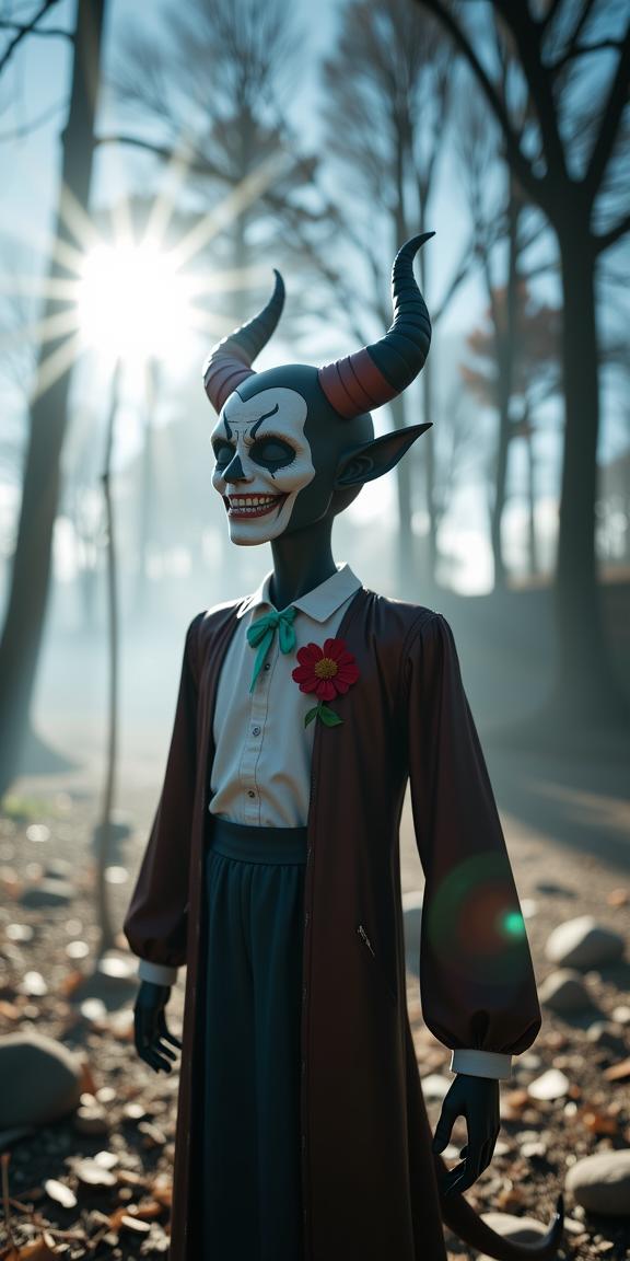 photograph, Joyful, side view shot of a Peaceful Puny The Adoration of Demons , Fairy Tale trees and Earth in background