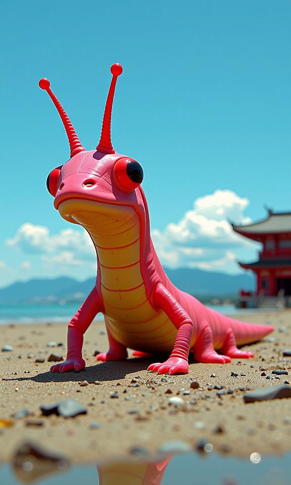 stylized by Rachel Maclean and Sandy Skoglund , photograph, Grim, wide angle of a Stylish Sakura Slug