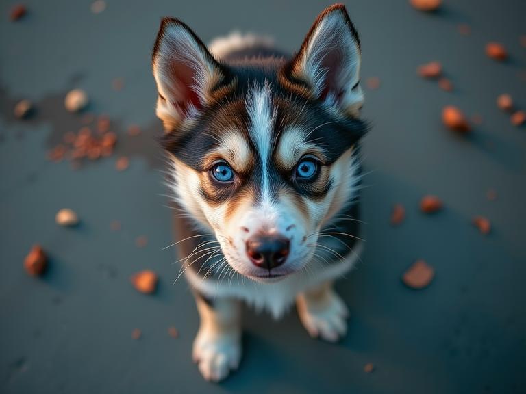 by Andre de Dienes and Katerina Belkina and Christophe Jacrot , photograph, Golden ratio, overhead angle of a Mystical Painterly Siberian Husky Puppy with Neon details