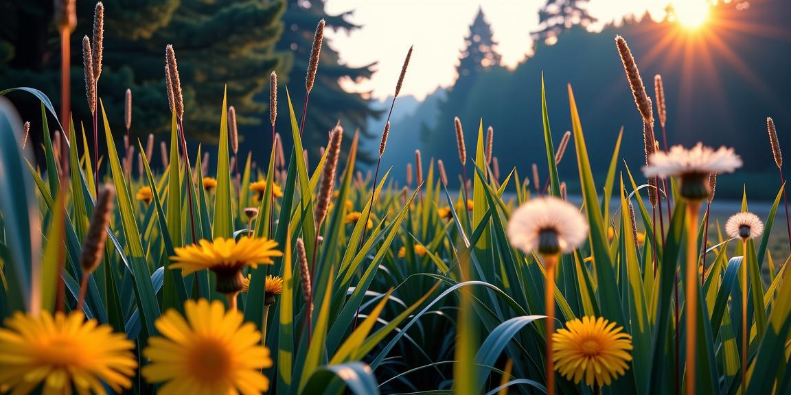 photograph, lush reeds with Dandelion, Intense, intricate details